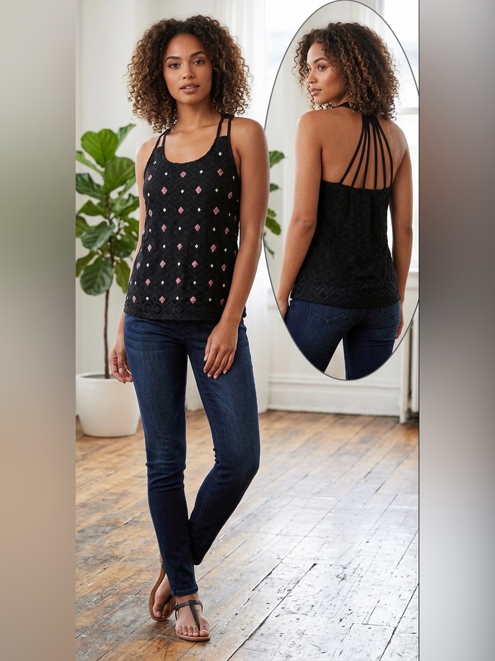 Candies Juniors Strappy Embellished Tank Top Sz M Diamond Black Pink Silver